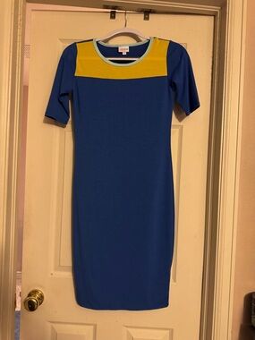 LuLaRoe Julia Blue and Yellow Colorblock Midi Dress